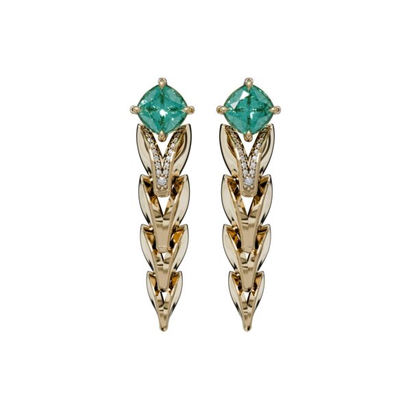 Iguana earrings in 18k yellow gold with 3.43 ct emeralds and 0.20 ct diamonds, inspired by St. Barth