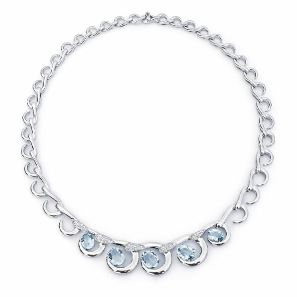 18K white gold hook necklace with 8.43 ct aquamarine and diamond accents