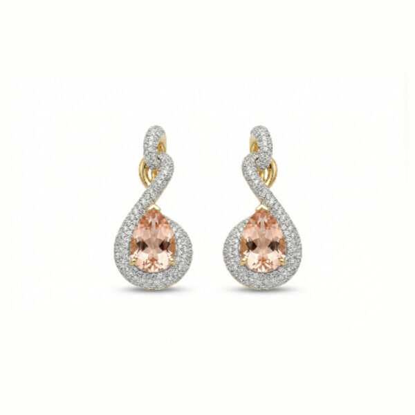 18K yellow gold hook earrings with 15.59 ct morganite and 4.23 ct diamonds, designed in St. Barth