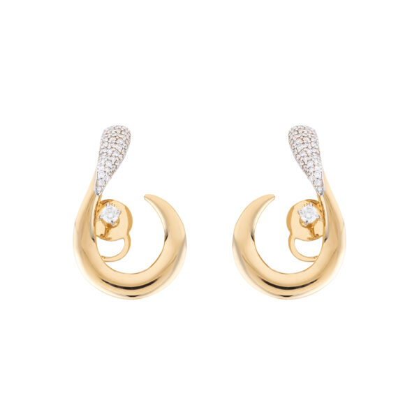 Pair of 18k yellow gold hook earrings with 1.53 ct diamond-set curves on a white background