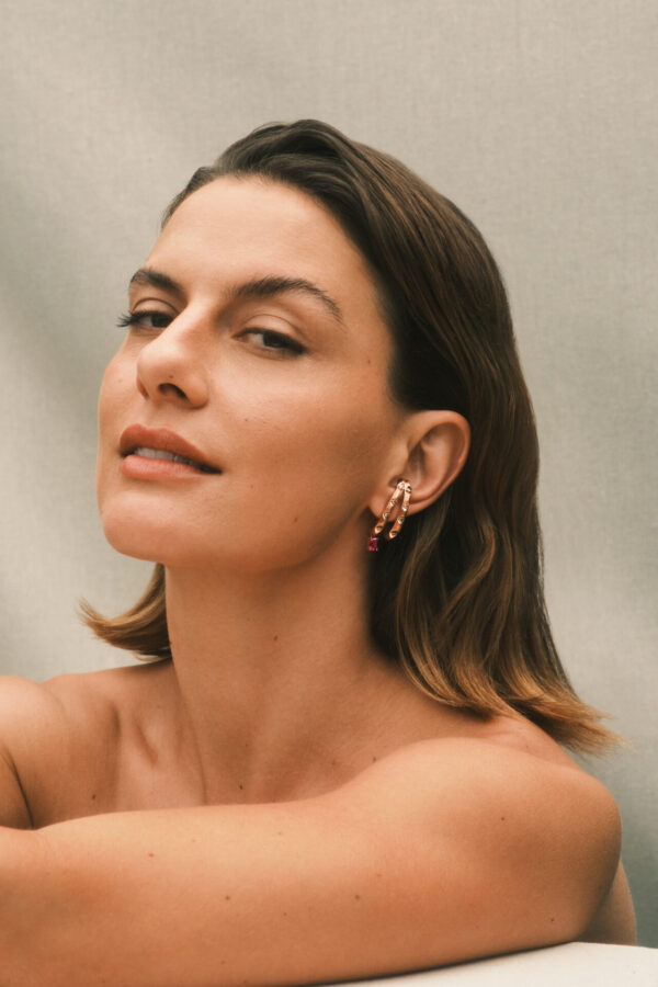 Alternative view of Local Roof Hoop Earrings in 18k Rose Gold with Rubellites and 1.13 ct Brown Diamonds