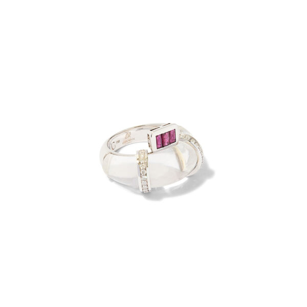 Eden Rock Ring in 18k white gold with 14.68 ct crystal, 0.37 ct rubies and 0.25 ct diamonds