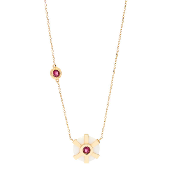 Eden Rock Bouy Necklace in 18k yellow gold with 2.5 ct agate center and 0.28 ct ruby accents, nautical-inspired pendant from St. Barth