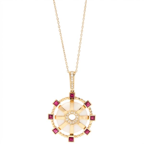 Iconic Eden Rock Necklace in 18k Yellow Gold with 0.216 ct Diamonds, 1.79 c Rubies and 9.95 ct Agate