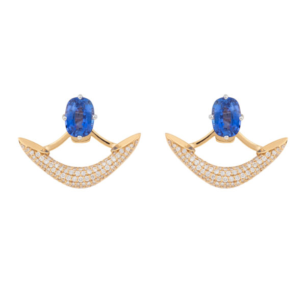 18K yellow gold anchor earrings with blue sapphires and diamond accents, St. Barth fine jewelry