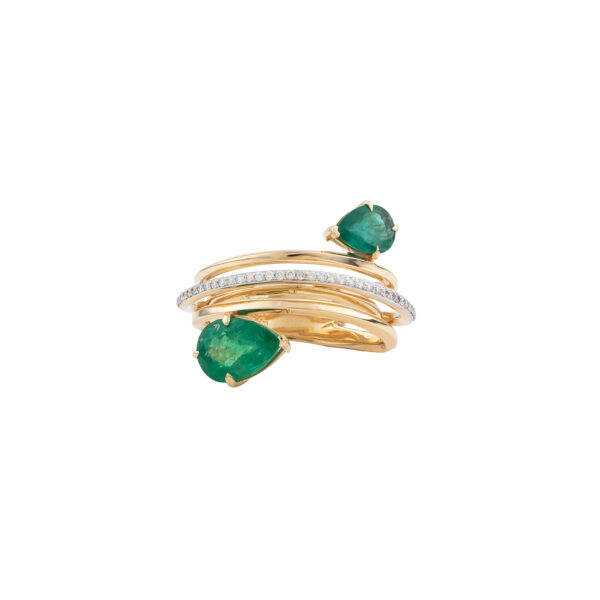 18K yellow gold wire ring with vivid emeralds and 0.18 ct diamond accents from the Pirates of St Bart collection