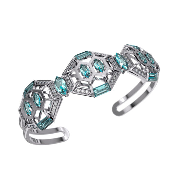 18k white gold open cuff bracelet with turtle shell–inspired hexagonal panels set with light blue aquamarines and white diamonds on a white background