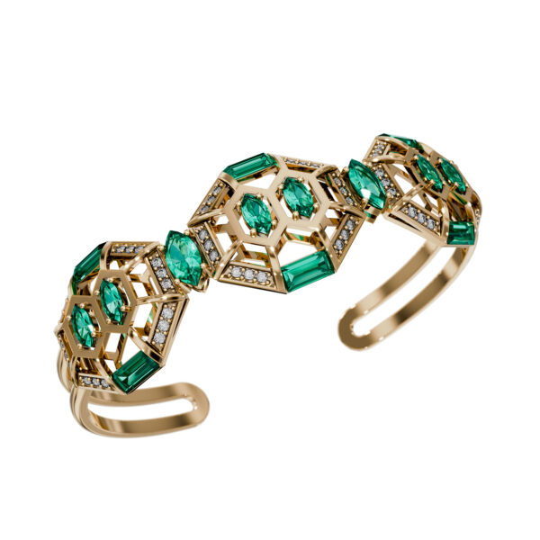 18k yellow gold turtle cuff bracelet with 0.2 ct emerald and 0.08 ct diamonds, open design