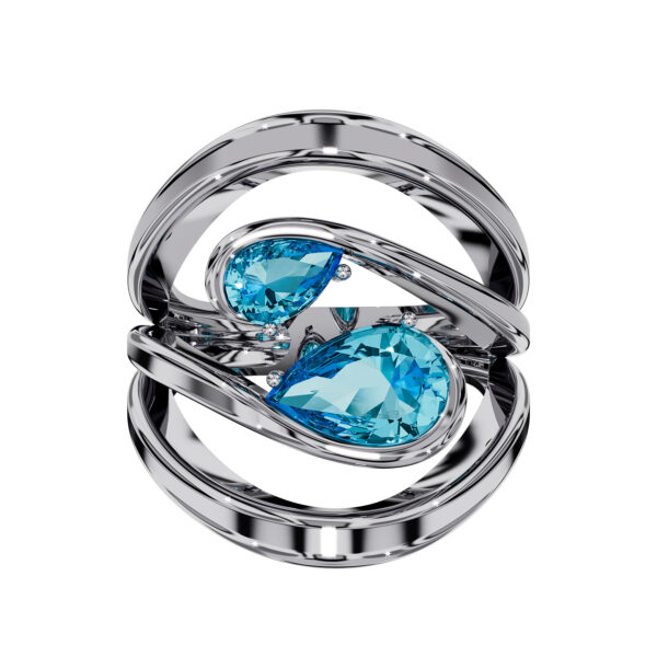 18k white gold ring with two pear-shaped Swiss Blue topazes in a wave-inspired band design on white background