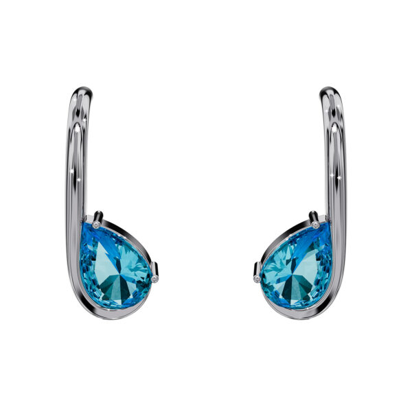 Pair of 18k white gold drop earrings with pear-shaped Swiss Blue Topaz stones in a wave-inspired setting on white background