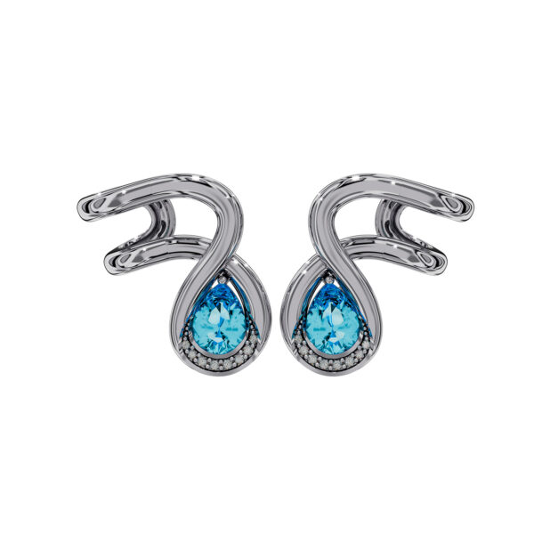 Waves earrings in 18k white gold with Swiss blue topaz on a white background