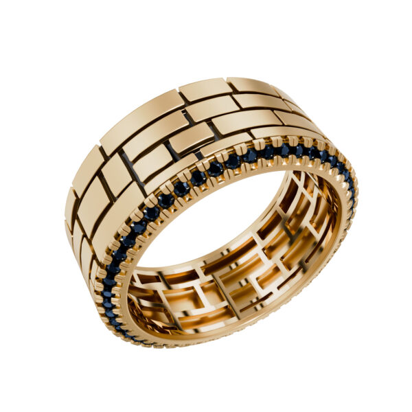 Wide 18k yellow gold ring with segmented brick pattern and a line of black diamonds
