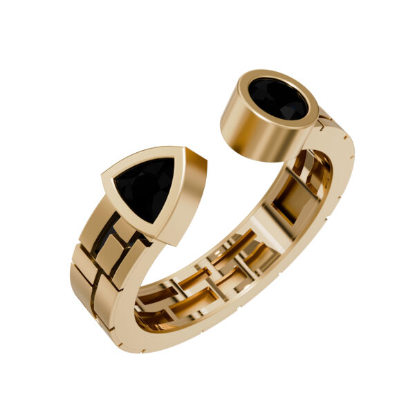Stone Wall ring in 18k yellow gold set with black diamonds, front view