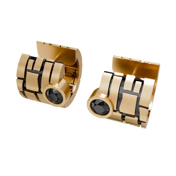 Pair of 18k yellow gold earrings set with black diamonds on a white background