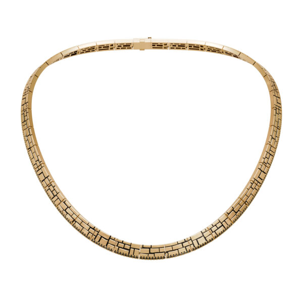18k yellow gold geometric segmented choker necklace with black diamond accents on a white background