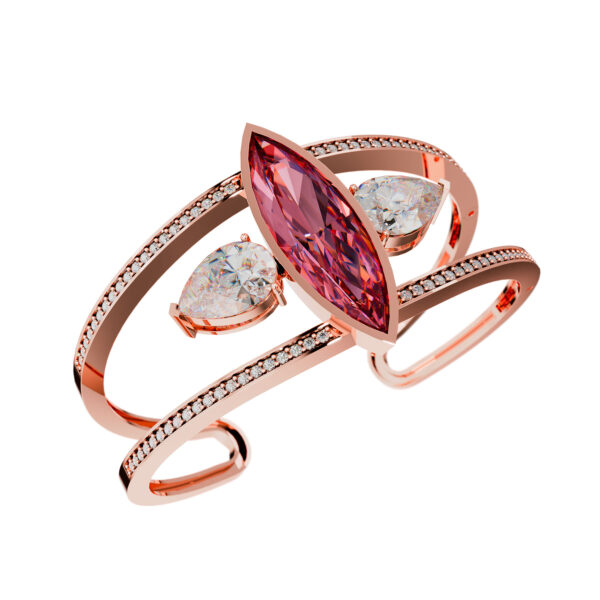 18k rose gold bracelet with pink tourmaline, morganites, and diamond accents on a white background