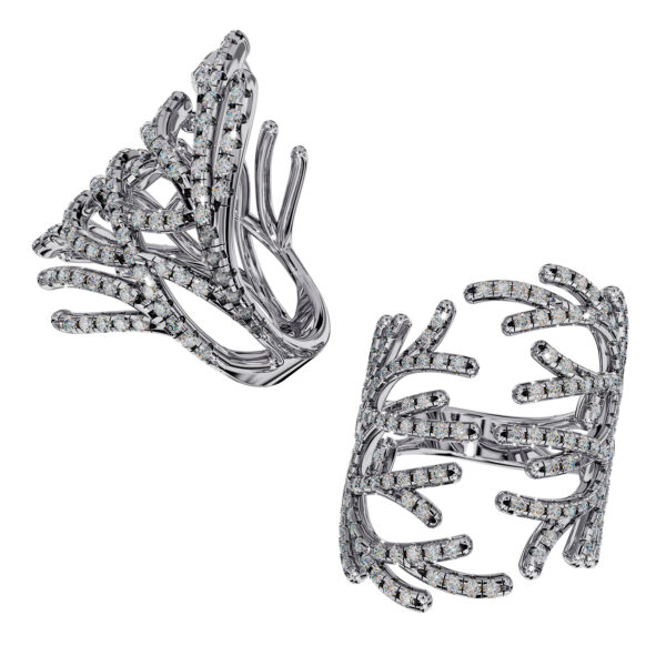 18k white gold coral-inspired ring with pavé diamonds in a sculptural openwork design