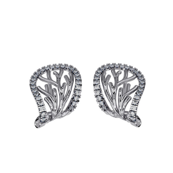 Pair of 18k white gold ear cuff earrings with 0.57 ct diamonds in a coral-inspired vine motif on a white background