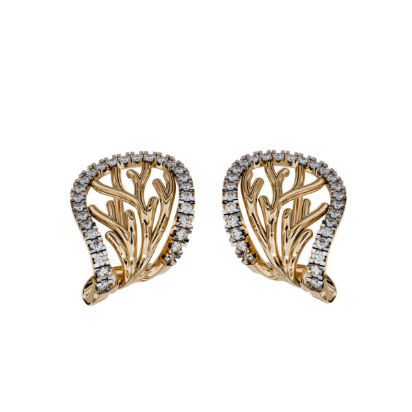 Pair of 18k yellow gold earrings with coral-inspired openwork and diamonds totaling 0.57 cts on a white background
