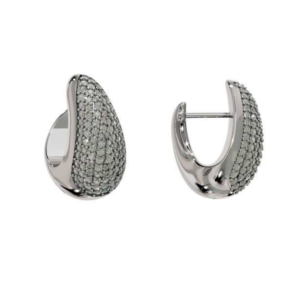 18k white gold diamond huggie earrings with pavé setting on white background