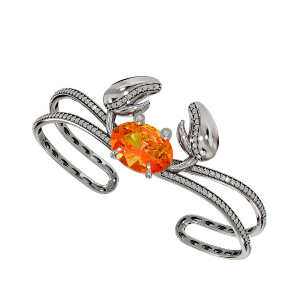 18k white gold open cuff crab bracelet with 5.13 ct orange citrine center and 1.03 ct diamond accents