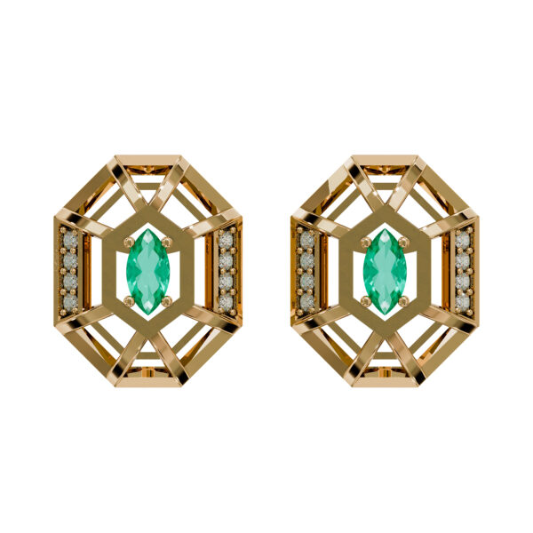 Pair of 18k yellow gold octagonal openwork earrings with marquise emerald centers and diamond accents on a white background