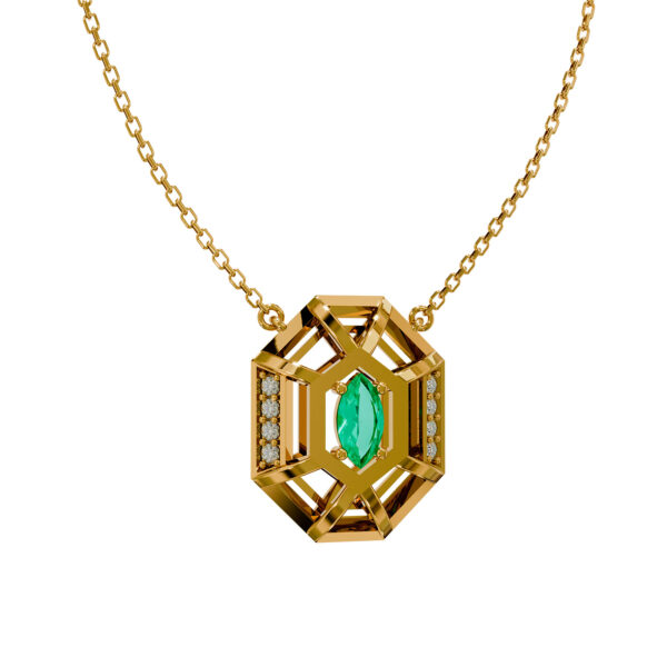 18k yellow gold necklace with octagonal pendant set with a marquise emerald and diamond accents