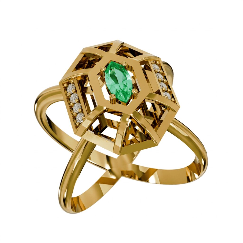 Turtle Ring in 18k Yellow Gold with 0.2 ct Emerald and 0.08 ct Diamonds