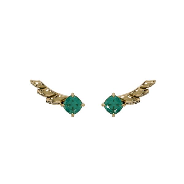 18k yellow gold ear cuff earrings with central green emerald and small diamond accents, curved wing-like design on a white background