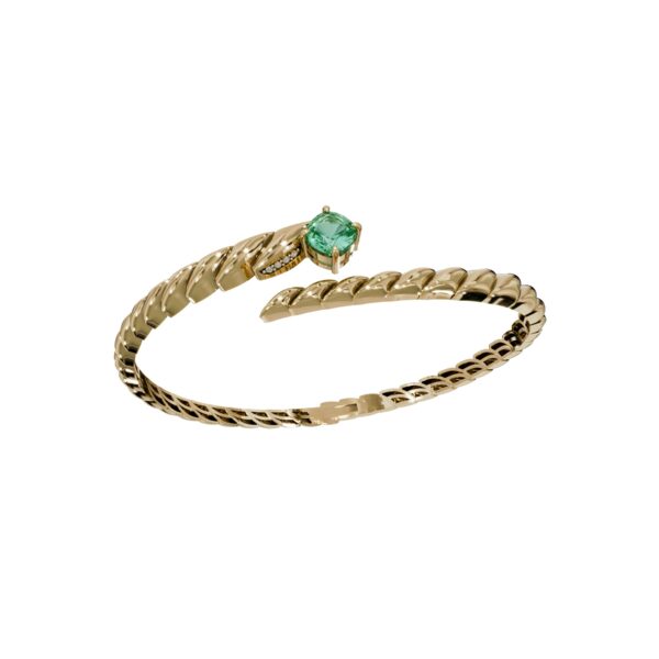 Iguana Bracelet with Emerald Open Cuff in 18k Yellow Gold with diamond accents