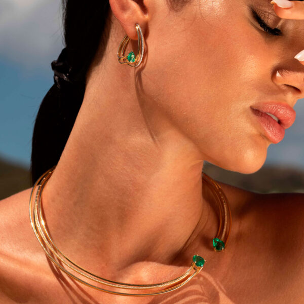 Alternative view of Wire Necklace 18K Gold with 6.4 ct Emerald and 0.65 ct Diamonds
