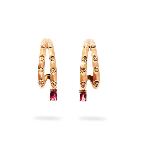 18k rose gold hoop earrings with brown diamond accents and dangling pink rubellites on a white background