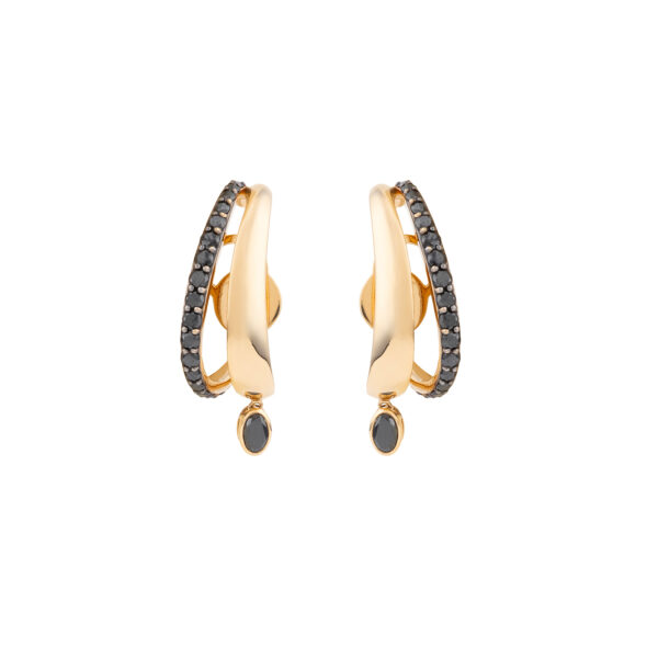 Pair of 18K yellow gold earrings with pavé black diamonds and a small oval black diamond drop, ear-hugging curve, on white background