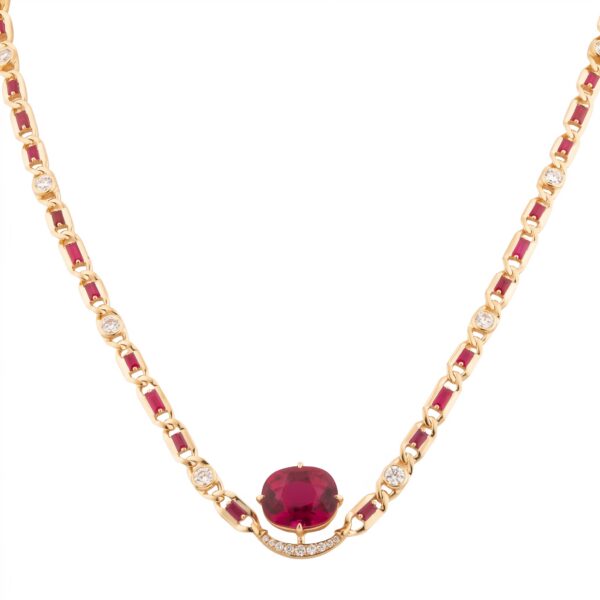 Anchor Necklace in 18K Yellow Gold with Rubellite, Ruby and Diamonds