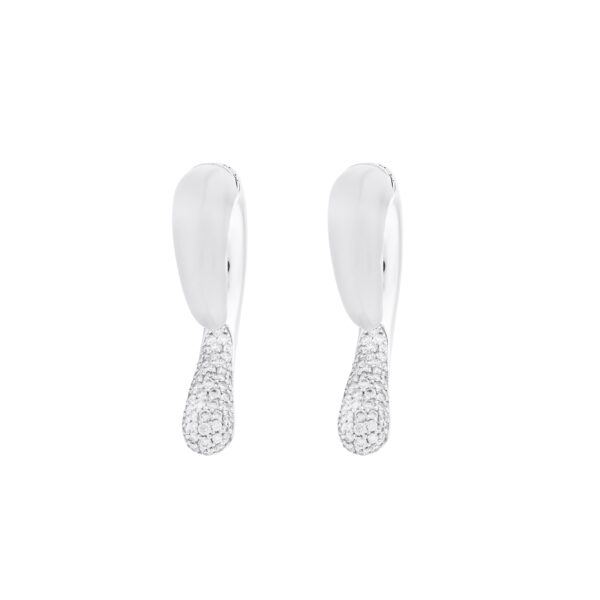 Pair of 18k white gold hook earrings with chalcedony and diamonds on a white background