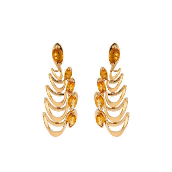 Pair of 18K yellow gold ear cuff earrings with oval citrine stones totaling 3.35 cts in a curved ear-climber design on a white background