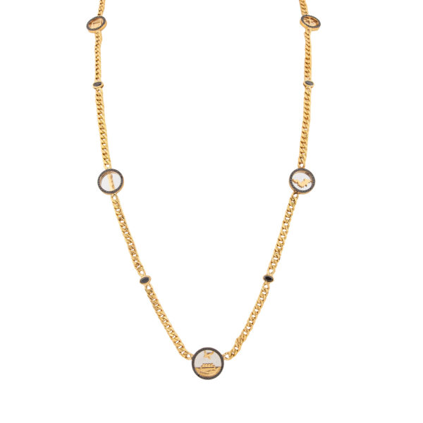 Long Coin Necklace in 18k Yellow Gold with 2.42 cts Black Diamonds and 4.09 cts Rubellites