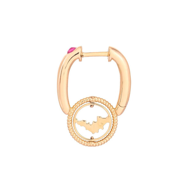 18k yellow gold hoop earring with round map and airplane charm and small ruby accent
