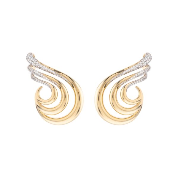 Pair of polished 18K yellow gold spiral hook earrings with diamond details on a white background