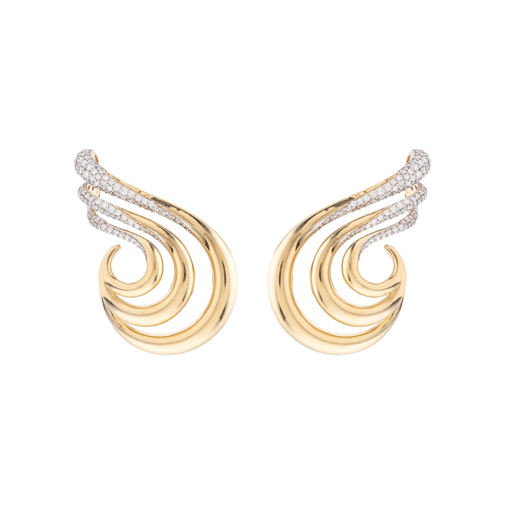 Pair of polished 18K yellow gold spiral hook earrings with diamond details on a white background