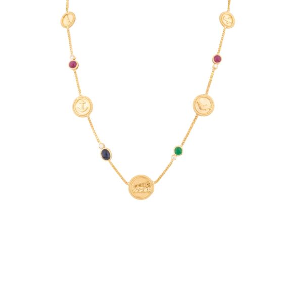 Short 18k yellow gold coin necklace with red ruby, blue sapphire, and green emerald beads