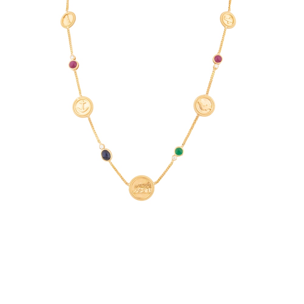 Short 18k yellow gold coin necklace with red ruby, blue sapphire, and green emerald beads
