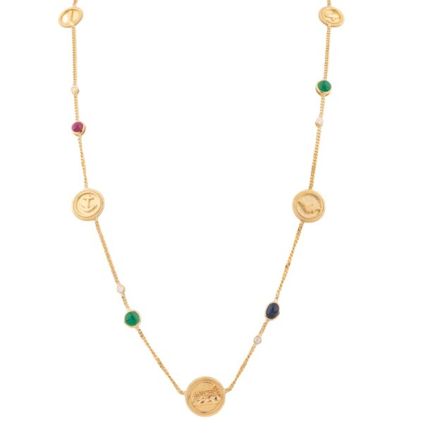 Long 18K yellow gold coin necklace with engraved round medallions, diamonds, rubies, sapphires, and emeralds