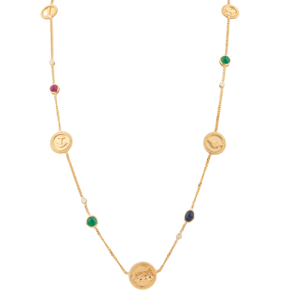 Long 18K yellow gold coin necklace with engraved round medallions, diamonds, rubies, sapphires, and emeralds
